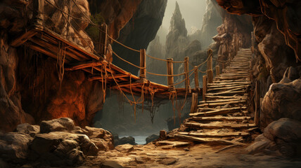 Old suspension wooden bridge in mountains, vintage wood hanging footbridge and rocks. Scene like in adventure movie. Concept of travel, canyon, nature