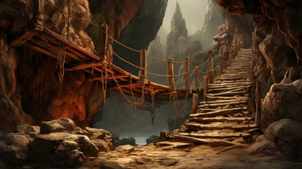 Fotobehang Old suspension wooden bridge in mountains, vintage wood hanging footbridge and rocks. Scene like in adventure movie. Concept of travel, canyon, nature © scaliger