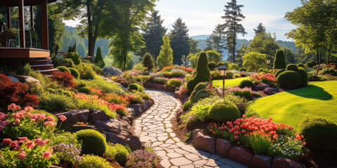 Winding path at home garden, luxury design of landscaped house yard or backyard in summer. Scenery of flowers, rocks and green plants. Concept of beauty, upscale landscaping