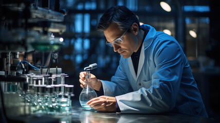 Young man chemist, scientist works with flasks in modern chemistry laboratory. Medical worker is in...