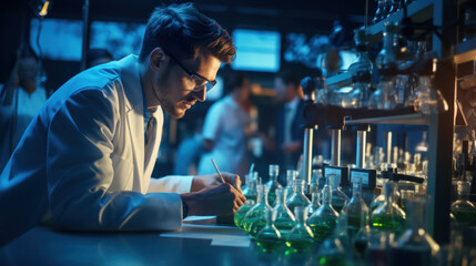 Young man chemist, student or assistant works with flasks in chemistry lab. Medical worker, scientist is in dark modern laboratory. Concept of test, biotechnology, research, science