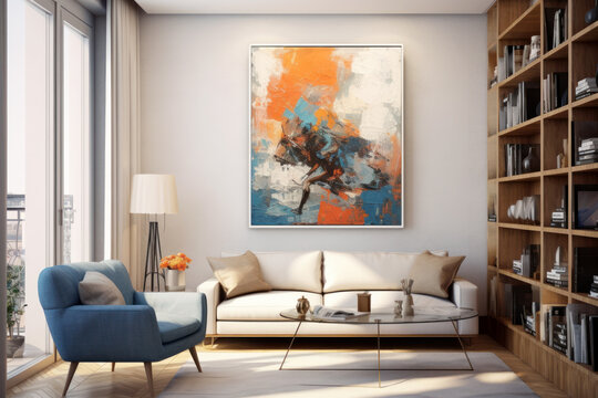 Living room with abstract painting on wall, sofa and table, minimalist home interior. Modern design of furniture, decor. Concept of poster, art, contemporary style, frame mockup