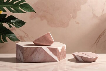 Podium for product presentation with stones and tropical leaves in peach fuzz tones background.