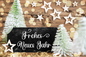 Fototapeta na wymiar Text Frohes Neues Jahr, Means Happy New Year, Rustic Christmas Tree Decor