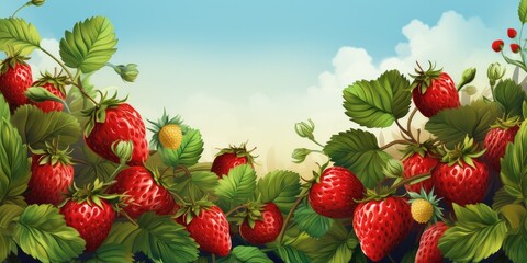 Illustration portraying the organic freshness of strawberries in a lively field. - obrazy, fototapety, plakaty
