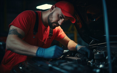 a man in a red shirt and blue gloves working on a car engine.