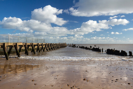 Reflections on Walberswick Beach in Suffolk, England, United Kingdom