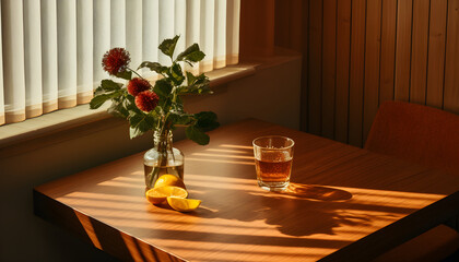 a table with a white tablecloth, next to a window with wooden borders