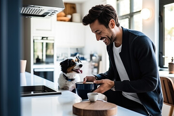 Caucasian man in the kitchen, preparing a tasty meal with dog. Handsome chef in apron, creating culinary delights. - obrazy, fototapety, plakaty