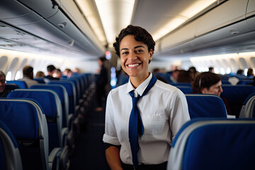 A cheerful stewardess in a stylish uniform inside an airplane, ready to provide excellent service during the journey. - obrazy, fototapety, plakaty