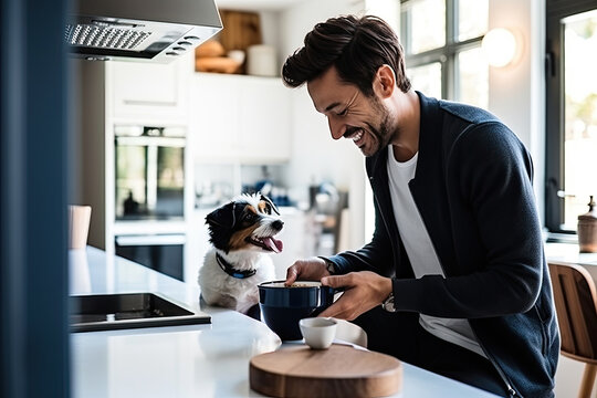 Caucasian man in the kitchen, preparing a tasty meal with dog. Handsome chef in apron, creating culinary delights.