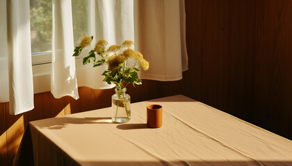 a table with a white tablecloth, next to a window with wooden borders