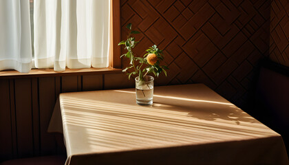 a table with a white tablecloth, next to a window with wooden borders