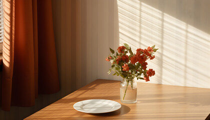 a table with a white tablecloth, next to a window with wooden borders