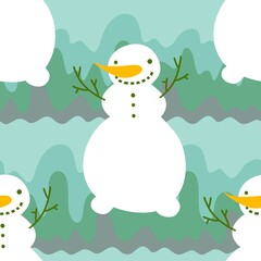Cartoon winter ice seamless snowman and snowflakes pattern for Christmas packaging and new year