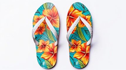 Bright flip flops on white background, top view. Beach accessories - obrazy, fototapety, plakaty