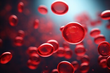 In microscopic world, countless vibrant erythrocytes, red blood cells, traverse circulatory system, tirelessly carrying life-sustaining oxygen, resembling a dynamic network vital for human vitality. - obrazy, fototapety, plakaty