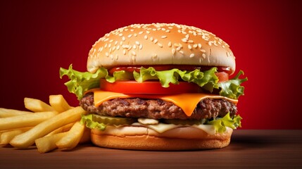 Cheeseburger hamburger and fries menu meal combo drink isolated on a white background - obrazy, fototapety, plakaty