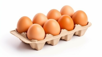 Chicken eggs in open carton box isolated on white background. Hen healthy eating.