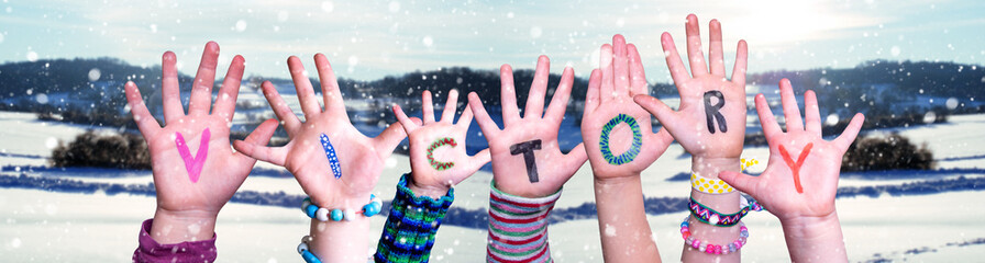 Children Hands Building Word Victory, Winter Background