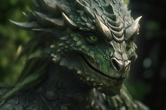 A majestic green dragon head with fierce eyes and sharp horns, captured in a lifelike portrait amid a natural backdrop.