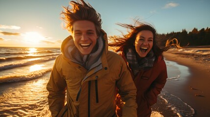 a lively couple, two people laughing exuberantly. A beautiful autumnal baltic beach in the background. sand is glowing golden. sunny autumn day in october. diffuse sunlight. generative AI - obrazy, fototapety, plakaty