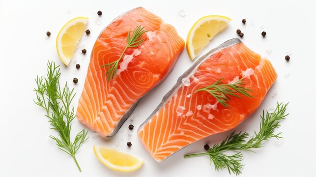 An overhead photo of two slices of salmon on a white background with a place for text, with slices of lemon, salt and pepper, and dill sprigs