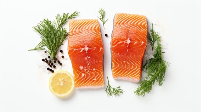 An Overhead Photo Of Two Slices Of Salmon On A White Background With A Place For Text, With Slices Of Lemon, Salt And Pepper, And Dill Sprigs