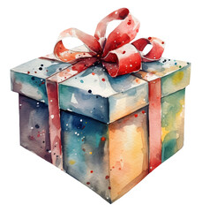 Watercolor illustration of a blue gift box. Transparent background, png. Ai generated.