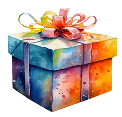 Watercolor illustration of a blue and orange gift box. Transparent background, png. Ai generated.