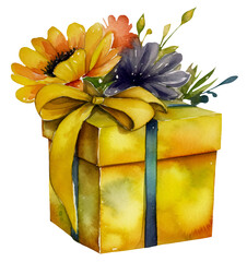 Watercolor illustration of a yellow gift box. Transparent background, png. Ai generated.