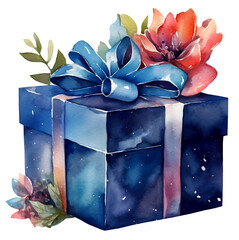Watercolor illustration of a blue gift box. Transparent background, png. Ai generated.
