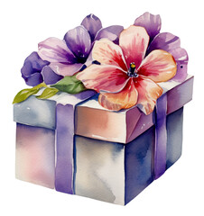 Watercolor illustration of a purple gift box. Transparent background, png. Ai generated.