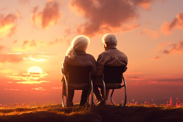 Old grandmother and grandfather, grandparents, grandma amd grandpa on a wheelchair look at sunset. pensioners retirees senor and senorita happy sad old age. - obrazy, fototapety, plakaty