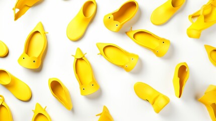 Yellow flippers on white background, collage. Banner design - obrazy, fototapety, plakaty