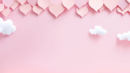 banner of sweet pink background consist two tone of realist heart shapes located beside paper in middle and paper craft stuffs are bunting and clouds - obrazy, fototapety, plakaty