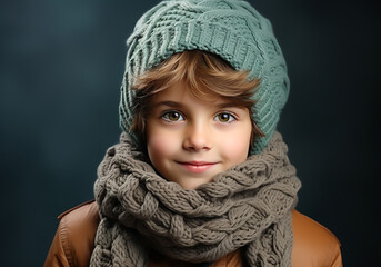 Child dressed warmly in a woolen hat and scarf. Winter time. Studio photo. AI generated