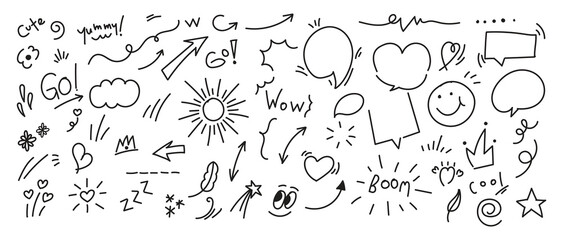 Set of cute pen line doodle element vector. Hand drawn doodle style collection of heart, arrows, scribble, speech bubble, flower, stars, words.  - obrazy, fototapety, plakaty