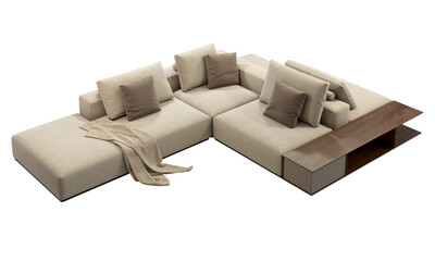 Modern beige fabric upholstery sofa with pillows and knitted plaid. 3d render.