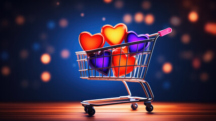 Hearts in a shopping cart, festive background