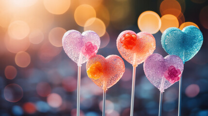 Fototapeta na wymiar Bunch of heart-shaped lollypops in shape of heart, colorful background, bokeh