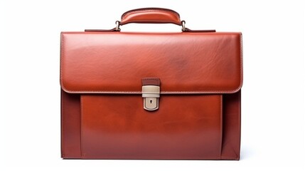 Beautiful red-brown leather briefcase with a clasp, isolated on a white background. Concept: business, document management, shares, capital investment, investment.