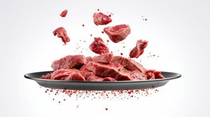 Beef milled meat flying from a pan, isolated on white background