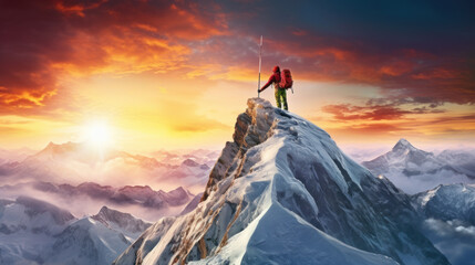 Naklejka na ściany i meble Alpinist on mountain summit, great achievement