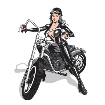 Biker woman in black latex suit driving chopper motorcycle. Attractive girl and motorbike. Vector illustration.