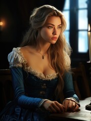 Pretty lady. In the enchanting ambiance of a tavern, a beautiful girl captivates with her charm, adding allure to the conviviality of this social gathering.