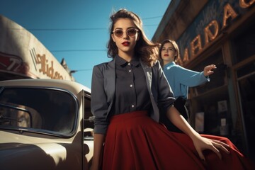 Vibrant 1950s fashion leather jackets, poodle skirts, slicked-back hair capturing essence of iconic rock and roll imagery. rebellion and style reminiscent of an era that reshaped culture and fashion. - obrazy, fototapety, plakaty