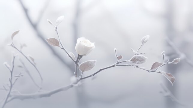 Generative AI image of a white rose an it's branches covered with snow