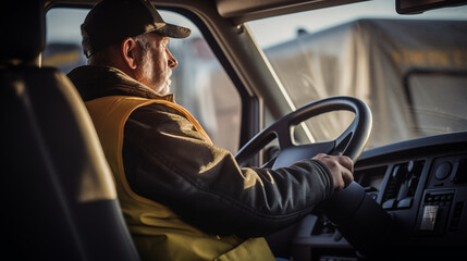 A truck driver in the driver's seat, preparing for a long haul, Truck driver, blurred background, with copy space