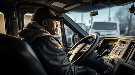 A truck driver in the driver's seat, preparing for a long haul, Truck driver, blurred background, with copy space